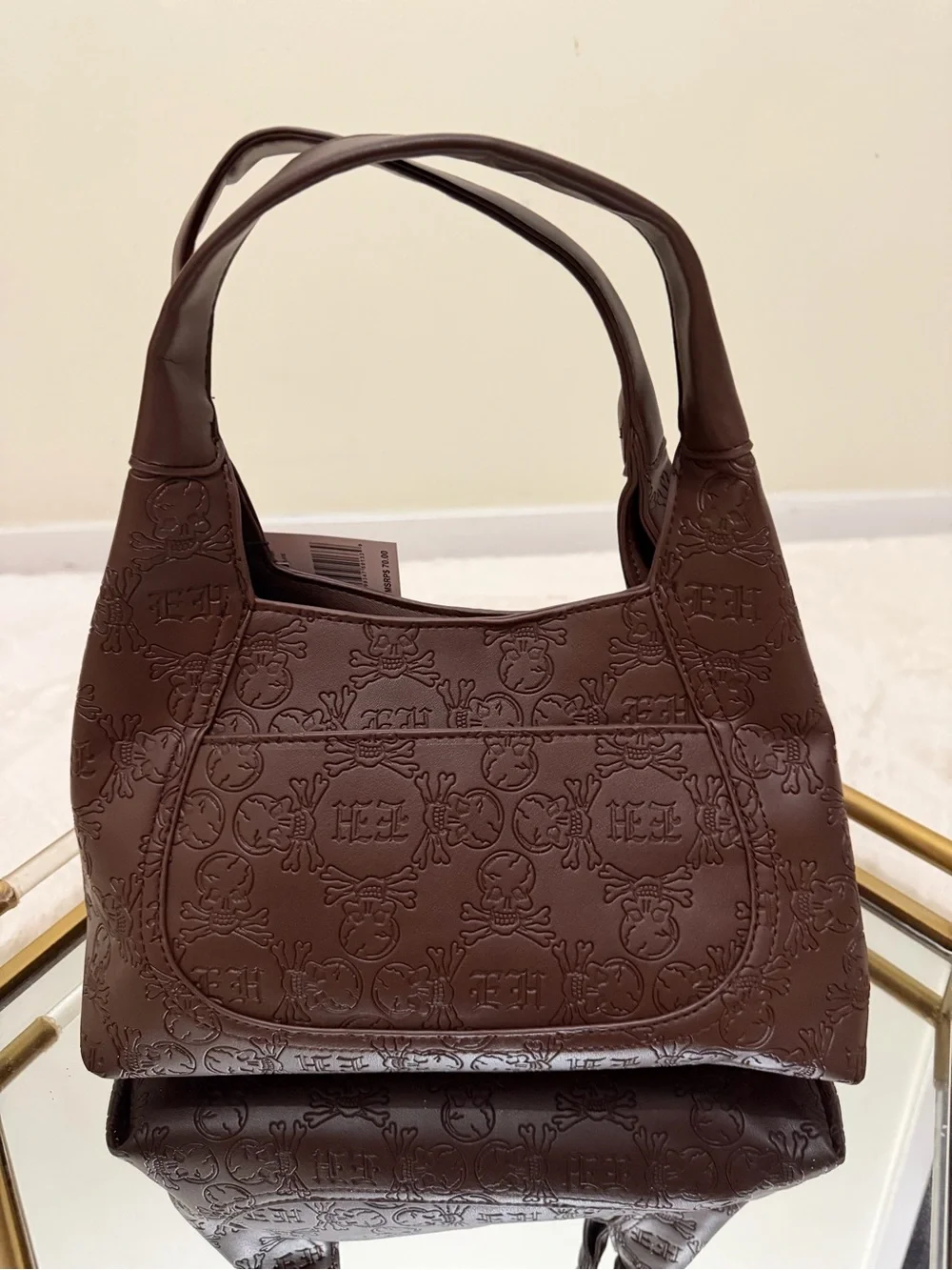 Ed Hardy Brown Embossed Hobo Bag with Colorful Skull Patch